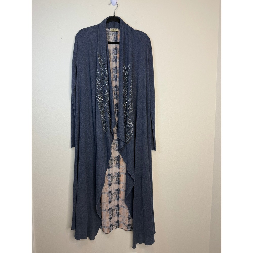 Vocal Blue Duster Cardigan XL Rhinestone Embellished Sheer Plaid Back Longline